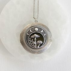 Extra Large Mushrooms and Moon Phase Locket Necklace, Silver Locket With Photos, Deep Locket, Oversized Locket, Cottagecore Jewelry - Etsy Bohemian Silver Locket Necklace, Bohemian Nickel-free Pendant Locket Necklace, Bohemian Silver Locket Necklace With Round Pendant, Nickel-free Silver Bohemian Locket Necklace, Silver Bohemian Engraved Locket Necklace, Bohemian Pendant Locket Necklace, Bohemian Medallion Locket Necklace, Locket Necklace Silver, Cottagecore Jewelry