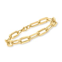 Ross-Simons - Italian 18kt Yellow Gold Paper Clip Link Bracelet. 8". New and noteworthy: the paper clip link bracelet! Finely crafted in polished 18kt yellow gold, this Italian-made beauty is all over everyone's must-have list. Perfectly luxe when worn solo or a great transitional piece to mix with other favorite arm candy. Lobster clasp, 18kt yellow gold paper clip link bracelet. Formal Yellow Gold Link Paperclip Bracelet, Gold Paperclip Chain Bracelet For Formal Occasions, Yellow Gold Paperclip Cable Chain Bracelet, Gold Bracelet With Paperclip Chain For Formal Occasions, Formal Gold Paperclip Chain Bracelet, Classic Gold Cable Chain Link Bracelet, Formal Gold Chain Paperclip Bracelet With Oval Link, Classic Gold-tone Paperclip Chain Bracelet, Timeless Yellow Gold Paperclip Bracelet With Gold Chain