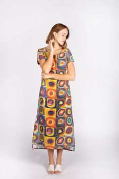 Multicolor Linen Beach Dress, Bohemian Multicolor Linen Dresses, Multicolor Linen Dress For Vacation, Bohemian A-line Linen Summer Dress, Bohemian Short Sleeve Linen Midi Dress, Bohemian Linen Midi Dress With Short Sleeves, Linen Short Sleeve Maxi Sundress, Multicolor Linen Spring Dress, Spring Multicolor Linen Dress