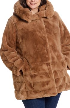 Add a luxe touch to a chilly day in this plush faux-fur coat fashioned with a roomy hood and designed to resist snow and rain. 32 1/2" length Hidden-snap closure Fixed hood Side-seam pockets Water-resistant Lined 100% polyester faux fur Dry clean Imported Faux Fur Coat For Cold Weather, Solid Faux Fur Coat For Cold Weather, Solid Color Faux Fur Coat For Cold Weather, Faux Fur Trim Outerwear, Solid Color Outerwear With Faux Fur Trim, Cozy Mink Outerwear With Faux Fur Lining, Cozy Mink-colored Outerwear With Faux Fur Lining, Fluffy Mink Outerwear For Cold Weather, Mink Outerwear With Faux Fur Trim For Cold Weather