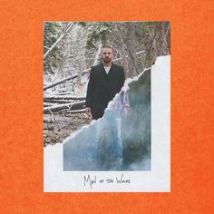 a man standing in the woods with an orange background