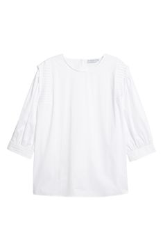 This simple style of this top cut from smooth, refined cotton with pleated sleeves gives it the versatility to easily cross from casual to styled-up looks with ease. 24" length Back keyhole with button-and-loop closure Jewel neck Three-quarter sleeves 100% cotton Machine wash, dry flat Made in Turkey Elegant Cotton Blouse With Gathered Sleeves, Casual Puff Sleeve Top With Pleated Sleeves, Summer Relaxed Fit Top With Pintucks, Spring Cotton Top With Gathered Sleeves, Spring Cotton Tops With Gathered Sleeves, Fall Cotton Tops With Pleated Sleeves, Elegant Cotton Tops With Gathered Sleeves, White Casual Top With Pleated Sleeves, Cotton Tops With Pleated Sleeves And Relaxed Fit