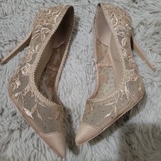 Nwot Never Used No Box Aldo Stessy Lace Heels With Rose Gold Embellishments On Hand And Ready To Ship Feminine Embellished Pointed Toe Heels, Elegant Beige Heels For Party, Gold Feminine Heels For Party, Feminine Gold Heels For Evening, Feminine Gold Heels For Party, Gold Feminine Evening Heels, Feminine Gold Evening Heels, Elegant Embellished Beige Heels, Elegant Beige Embellished Heels