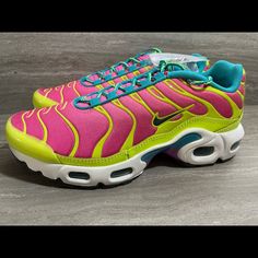 Brand New Pair Of Women’s “Watermelon” Air Max Plus Og Sneakers. This Colorway Is Absolutely Perfect For Summertime! These Are 100% Authentic And Exclusivehard To Find. Two Sizes Available: Sz 4y (Translates To Women’s 5.5) Sz 7y (Translates To Women’s 8.5) No Box. Nike Shoes New, Air Max Plus, Canister Sets, Sneakers Men Fashion, Men Fashion, Womens Shoes Sneakers, Womens Sneakers, Air Max, Pink And Green