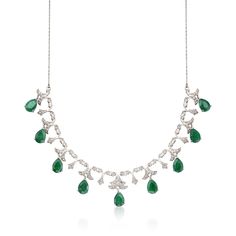 Ross-Simons - 20.00ct t. w. Emerald, .28ct t. w. Diamond Necklace in Silver. 16". Beauty on a budget! This 20.00 ct. t. w. pear-shaped emerald and .28 ct. t. w. round diamond necklace creates an elegant display glamorous enough for an appearance at a royal court or a red carpet event. Set in polished sterling silver and stationed on a rope chain with a 2" extender. Lobster clasp, diamond and emerald necklace. Emerald birthstones are the perfect gift for May birthdays. Pear-shaped Emerald Necklace For Formal Events, Formal White Gold Emerald Necklace With Jewels, Elegant Pear-shaped Emerald Necklace For Formal Occasions, Elegant Formal Pear-shaped Emerald Necklace, Formal Emerald Diamond Necklace In White Gold, Formal Emerald Necklaces With Single Cut Diamonds, Formal Emerald Necklaces With Diamond Cut, Formal White Gold Emerald Diamond Necklace, Formal Emerald Necklace With Brilliant Cut Diamonds