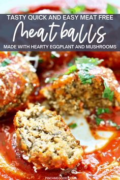 the best baked eggplant meatballs are on a plate with sauce and parsley