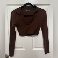 Brown Zara Long Sleeve With Collar. Brand New Never Worn! No Tags. Never Fit Me. Cropped! Zara Brown Tops For Night Out, Zara Brown Top For Night Out, Satin Backless Top, Zara Cropped Brown Top, Zara Halter Top, Tweed Top, Zara Crop Top, Grey Trench Coat, Denim Crop Top