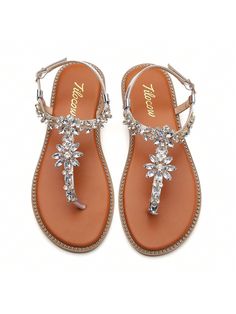 White Vacation,Fashionable Collar   All Over Print Thong Sandals Embellished   Women Shoes Dressy Casual Shoes, Bling Flip Flops, Rhinestone Flats, Rhinestone Sandals, Fit Fashion, Fashion Sandals, Womens Sandals Flat, Dressy Casual, Thong Sandals