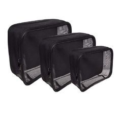 This multipurpose set contains 3 rectangular prism compartments with three dimensions. Made of black matt mesh making them see through and allows for breathability. The flexible and durable mesh is chosen to keep these bags light weighted. Each compartment is single zipped all around the bag. The top part is not completely separable, which eliminates chances of losing it. Since the top part of each compartment can be moved completely out of way it allows for easy access to items inside. The slid Makeup Bag Organizer, Rectangular Prism, Travel Bag Set, Makeup Bag Organization, Bag Organizer, Vintage Purses, Toiletry Bag Travel, Travel Toiletries, Bag Light