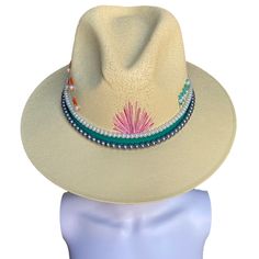 Palm Springs aka "Love Life" embroidered with colorful beads, & faux white pearl fashionable band embody this Mexican Artisan design at its finest! This Hand made/hand painted fedora hat features bright "Palm Springs" colors with its signature Pearls & hand embroidered LOVE LIFE. Also, features an elastic band for a very comfortable feel! DETAILS Sombrero Box Inner-elastic band (comfortable sizing) Multicolor Adjustable Fedora For Kentucky Derby, Adjustable Multicolor Fedora For Kentucky Derby, Summer Beaded Brimmed Fedora, Summer Beaded Fedora, Beaded Multicolor Summer Hats, Multicolor Beaded Summer Hat, White Beaded Hat Bands For Summer, Summer Multicolor Beaded Hats, Beaded Fedora Straw Hat For Spring