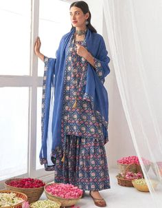 Blue Muslin Sharara Suit Silk Gharara, Blue Sharara, Silk Sharara, Diwali Dresses, Indo Western Gown, Party Wear Gowns, Modest Evening Dress, Party Wear Gown, Dress Book