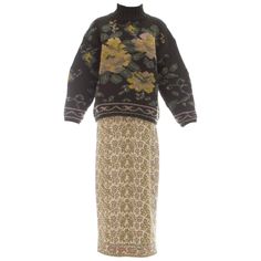 Jean Paul Gaultier; Tapestry style floral knitted wool turtle neck sweater and skirt set Fall-Winter 1984 Tapestry Sweater, Sweater And Skirt Set, Sweater And Skirt, Sweater Skirt Set, Floral Tapestry, Lightning Mcqueen, Paul Gaultier, Dream Clothes, Jean Paul