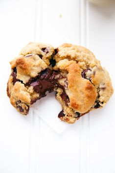 a chocolate chip cookie is cut in half