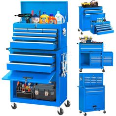 the blue tool cabinet is open and ready to be used