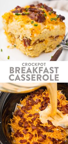 crockpot breakfast casserole with bacon and cheese is being poured over the top