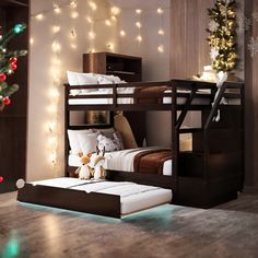 there is a bunk bed with lights on the wall