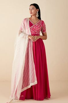 Pink georgette crepe padded anarkali with thread hand embroidered yoke. Comes with a dupatta. - Aza Fashions Anarkali With Dupatta, Embroidered Anarkali, Pink Thread, Anarkali, Aza Fashion, Hand Embroidered, Thread, V Neck, Pink