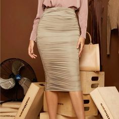 Beige Elegant Plain Ruched High Waist Midi Pencil Regular Fit Slight Stretch Fabric 87% Polyamide, 13% Elastane Machine Wash Or Professional Dry Clean Shein Skirts, High Waisted Pencil Skirt, Stretch Fabric, Pencil Skirt, High Waist, Womens Skirt, Size 4, Dry Clean, Pencil