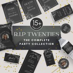 black and white party collection with gold confetti on the side, including tags, stick