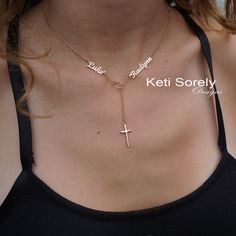 "This meaningful lariat style will feature your desired names united with cross. Order 2 names of your choice in Sterling Silver or solid gold: Yellow God, Rose Gold or Yellow Gold. Custom made necklace for women of any age. Amazing gift for wedding, birthdays, Christmas, baby shower, etc. Designs by Keti Sorely. Available Metal: * Sterling Silver * Sterling Silver with gold overlay * Sterling Silver with Rose gold overlay * 14K Gold Filled * 14K Rose Gold Filled * 10K solid gold (yellow, rose o Personalized Rose Gold Cross Jewelry, Personalized Rose Gold Cross Pendant Jewelry, Cross-shaped Name Jewelry For Anniversary, Anniversary Jewelry With Name And Cross Shape, Name-engraved Cross Jewelry For Anniversary, Personalized Adjustable Cross Pendant Jewelry, Adjustable Personalized Lariat Jewelry, Personalized Initial Ring, Christmas Baby Shower