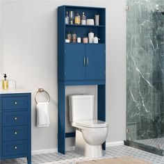 a bathroom with a blue cabinet next to a toilet