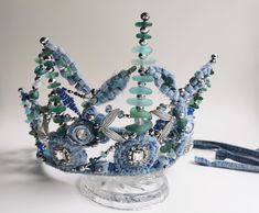 Handmade denim Crown combined with natural sea glass. Size can be adjustable at the back of the crown. Glass Crown, Handmade Crown, Crown Handmade, Mermaid Crown, Tiaras And Crowns, Latvia, Wedding Hair Accessories, The Crown, Wire Jewelry