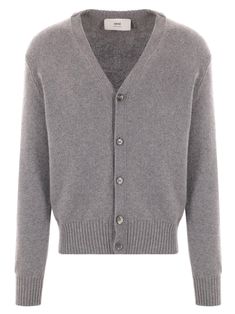 Grey cashmere-wool blend cardigan, knitted construction, signature Ami de Coeur monogram motif, V-neck, front button fastening, long sleeves, ribbed cuffs and hemComposition: Cashmere, 97% , Wool, 3% Designer V-neck Cardigan For Fall, Formal Wool V-neck Cardigan, Designer Wool V-neck Outerwear, Cashmere V-neck Outerwear With Buttons, Luxury Cashmere Cardigan For Work, Classic Cashmere Cardigan For Formal Occasions, Luxury Winter Sweater For Formal Occasions, Luxury Formal Winter Sweater, Classic V-neck Cardigan With Button Cuffs