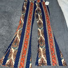 New Altar’d State Flare Pants Size Small Super Soft And Comfortable Material Stretchy Blue High Waist Printed Pants, High Waist Blue Printed Pants, High Waist Printed Blue Pants, Blue Printed Wide Leg Bottoms, Retro Blue Flare Pants, Blue Printed Trousers, Fitted Blue Printed Pants, Party Pants, Strapless Jumpsuit