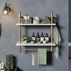 a bathroom with two shelves holding personal care items and a mirror on the wall above it