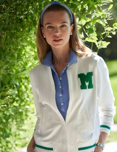 We loved wearing our boyfriend's varsity letter jacket in high school. We re-created the feeling... Preppy Jacket, Letter Jacket, Varsity Jacket Outfit, Gossip Girl Outfits, Go Team, Varsity Letter, Cashmere Hoodie, Womens Vintage Dresses, Ball Earrings