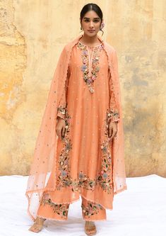 Niti Bothra-Peach Orchid Heavy Long Kurta Set-INDIASPOPUP.COM Peach Orchid, Long Kurta, Kurta Set For Women, Embroidered Pants, Embroidered Dupatta, Sharara Set, Organza Dupatta, Pattern Embroidery, Lace Flower