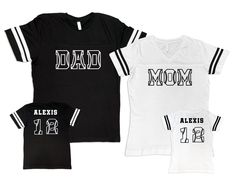 "DESCRIPTION: ❥ WOMEN'S Fit T-shirt: White V-NECK t-shirt that comes with \"MOM - or other title\" printed in black on the front of the shirt and \"Name + Number\" printed on the back of the shirt. The shirts are soft and cozy. The size chart is listed in the listing images. ❥ UNISEX Fit T-shirt: Black CREW NECK t-shirt that comes with \"DAD - or other title\" printed in white on the front of the shirt and \"Name + Number\" printed on the back of the shirt. The shirts are soft and cozy. The size Baseball Team Shirt, Baseball Dad Shirts, Baseball Family, Double Team, Dad Shirts, Sports Tee, Cozy Tops, Team Shirt, Striped Jersey