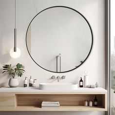 a bathroom with a sink, mirror and plants on the shelf in front of it