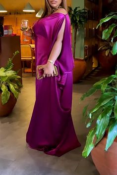 Plus Size Semi Formal Dress Magenta Solid One Shoulder Split Sleeve Maxi Dress Plus Size Semi Formal, Dresses Classy, Split Sleeve, Semi Formal Dress, Elegant Dresses Classy, African Clothing Styles, Fashion Now, Clothing Styles, Maxi Dress With Sleeves