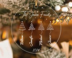 a glass ornament with the names of family on it hanging from a christmas tree