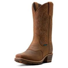 Whatever the day has in store, our Hybrid Roughstock can handle it. A great all-purpose boot, it pairs classic Western styling with breathable waterproofing and a grippy tread. Hybrid Roughstock Square Toe Waterproof Cowboy Boot | Product Features : 0 : 4LR™ technology provides lightweight support and stability, 1 : DRYShield™ waterproof breathable construction, 2 : Removable All Day Cushioning insole, 3 : Duratread™ sole provides maximum wear resistance, 4 : Six-row stitch pattern, 5 : Ariat is Rugged Outdoor Boots With Reinforced Stitching, Insulated Leather Western Boots, Brown Western Waterproof Boots, Western Brown Waterproof Boots, Western Waterproof Brown Boots, Western Style Waterproof Leather Boots, Rugged Waterproof Snip Toe Boots, Waterproof Boots With Leather Lining For Outdoor Use, Western Style Insulated Boots For Outdoor Work