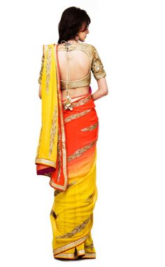 This designer saree is in yellow and orange dual color combination. Fabric of this designer saree is gorgette having hand embroidery work. Blouse of this saree is in golden color full of hand work embroidery. Perfect piece for party or wedding wear collection. Traditional Orange Georgette Pre-draped Saree, Orange Georgette Blouse Piece For Navratri, Yellow Georgette Pre-draped Saree With Pallu, Traditional Orange Georgette Blouse Piece, Yellow Pre-draped Saree With Cutdana, Yellow Pre-draped Saree With Resham Embroidery, Orange Georgette Blouse Piece With Dupatta, Orange Georgette Blouse Piece For Diwali, Orange Bollywood Pre-draped Saree With Zari Work