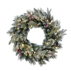 a christmas wreath with lights and pine cones