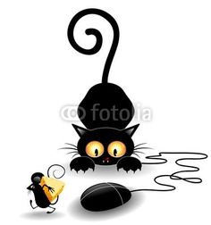 a black cat and a mouse on a white background