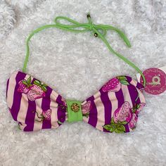 Nwt Bswim Pink, Purple, & Lime Green Strawberry Print Bikini Top. Has Gold Flower Hardware In The Center Of The Top As Well As Two Gold Heart Beads At The End Of The Ties. Does Have Small Spot On The Inside As Pictured But Will More Than Likely Come Out When Washed Because This Hasn’t Been Washed. Purple Swimwear For Sunbathing During Beach Season, Purple Triangle Top Swimwear For Beach Season, Beachy Purple Swimwear With Triangle Top, Purple Triangle Top Swimwear For Summer, Purple Swimwear For Spring Poolside, Purple Swimwear For Poolside In Spring, Purple Swimwear For Spring, Beachy Purple Triangle Top Swimwear, Purple Stretch Swimwear For Beach