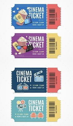 three movie tickets with the words cinema ticket written in different colors and font on them