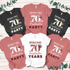 Celebrate the milestone of a 70th birthday in style with our exclusive 70th Birthday Shirts! Crafted from premium, soft cotton, these shirts offer maximum comfort and a perfect fit for all-day wear. Available in a variety of vibrant colors and sizes, they feature a bold, eye-catching design that proudly proclaims, "70th Birthday Queen and Her Crew."  Ideal for family gatherings, birthday parties, and photo opportunities, these shirts make a memorable keepsake for an unforgettable celebration. Or 70th Birthday Tshirt Ideas, 70th Birthday Ideas For Mom, 70th Birthday Shirt, Birthday Crew Shirts, Birthday Queen Shirt, Birthday Group Shirts, Gift For Mom Birthday, Gifts For Nan, 50th Birthday Shirts