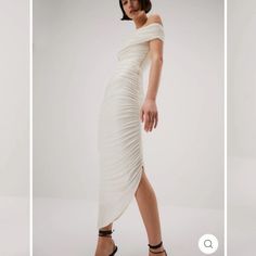 New With Tags. Never Worn Tried On For Picture Cream Fitted Draped Dress, Elegant White Draped Dress, White Ruched Midi Maxi Dress, White Ruched Midi Dress For Evening, White Ruched Maxi Dress For Formal Occasions, Cream Ruched Evening Dress, White Ruched Midi Length Maxi Dress, White Midi Length Ruched Maxi Dress, White Ruched Draped Dress