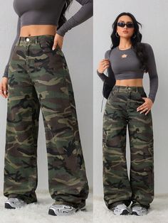 Women's Leopard Print Jeans Loose Straight Leg Pants Tall Women Pants Cargo Women Jeans Camo Women Pants Multicolor Casual   Denim Camo,All Over Print,Textured Pattern Straight Leg Non-Stretch  Women Clothing, size features are:Bust: ,Length: ,Sleeve Length: Camo Cargo Pants Casual, Army Pants With Dunks, Camouflage Print Pants, Camo Cargo Pants And Dunks, Camo Cargos, Cargo Women, Stand Collar Top, Leopard Print Jeans, Long Sleeve Denim Jacket