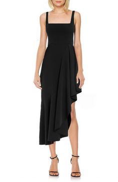 A rippling ruffle sweetens this party-perfect dress designed with a romantically squared neckline. Hidden back-zip closure Square neck Lined 90% polyester, 10% elastane Dry clean Imported Side Ruffle Dress, High Low Cocktail Dress, Black High Low Dress, Squared Neckline, Jewel Badgley Mischka, Stretch Satin, Flowy Skirt, Black Cocktail Dress, Asymmetrical Hem