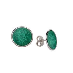 Add a touch of elegance and spiritual protection to any outfit with these St. Chris Enamel Stud Earrings. Crafted in sterling silver, these earrings feature a stunning enamel design of St. Christopher. Perfect for daily wear or special occasions, these earrings make a thoughtful and fashionable gift. This piece is made to order. Please allow 1 week before shipping. Luxury Enamel Earrings For Gift, Luxury Silver Enamel Earrings, Elegant Silver Enamel Earrings, Glossy Enamel Jewelry Gift, Silver Jewelry With Glossy Finish For Gift, Luxury Green Enamel Earrings, Traditional Polished Earrings As Gift, Traditional Polished Earrings For Gift, Round Enamel Earrings