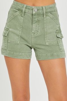 High rise side cargo pocket shorts. Features: High rise Button and zip fly closure Belt loops Cargo pockets Fabric: 98% Cotton 2% Spandex RDS6150X Olive And Cocoa, Lightning Thief, Cargo Shorts Women, Stylish Shorts, 1 Samuel, Shorts Outfits, Pocket Shorts, Shorts Cargo, Athleisure Wear