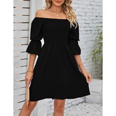 Black Pleated Square Neck Puff Sleeve Dress Casual Solid Color Puff Sleeve Party Dress, Black Mini Puff Sleeve Dress For Brunch, Black Fitted Puff Sleeve Dress For Day Out, Casual Black Knee-length Puff Sleeve Dress, Black Knee-length Puff Sleeve Dress For Brunch, Knee-length Black Puff Sleeve Dress For Brunch, Black Casual Puff Sleeve Mini Dress, Casual Black Puff Sleeve Mini Dress, Casual Black Puff Sleeve Dress For Date Night