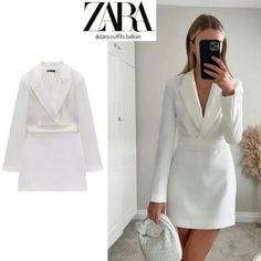 Reposhing This Item I Purchased From @Stayfaith. Unfortunately It Didn’t Fit Me. Questions? Leave A Comment Below! Blazer Dress White, Zara Blazer Dress, White Blazer Dress, Blush Sequin Dress, Printed Green Dress, Yellow Knit Dress, White Dress Winter, White Dress Formal, Mock Neck Sweater Dress