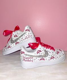 Nike Air Force 1s with a little flare! 💎 These beautiful sneakers can be customized for your Quinceañera, Sweet 16, College game days, weddings, or any event that you can think of! The glitter vinyl used for the theme can be customized to the color of your choosing. ✨ Ribbon laces will be provided and will match the rhinestone color, unless specified in the order. 🎀 Orders are shipped within 2 weeks. Shoes are ordered directly from the Nike store, so they are brand new and authentic Nikes. NOTE: 🌺 As this is a custom item, there will be no refunds or exchanges. If you have any questions, please reach out to us before placing the order, and we'll be more than happy to assist you! ❤️  Thank you for choosing our store! I hope that you'll love these shoes as much as we have enjoyed creating Christmas Nike Shoes, White Custom Lace-up Sneakers As Gift, White Lace-up Custom Sneakers For Gift, White Lace-up Custom Sneakers As Gift, Customizable White Sneakers For Gift, Pink Bedazzled Low-top Sneakers, Customizable White Sneakers For Party, Custom Low-top Sneakers For Gift, Customized White Sneakers For Gift